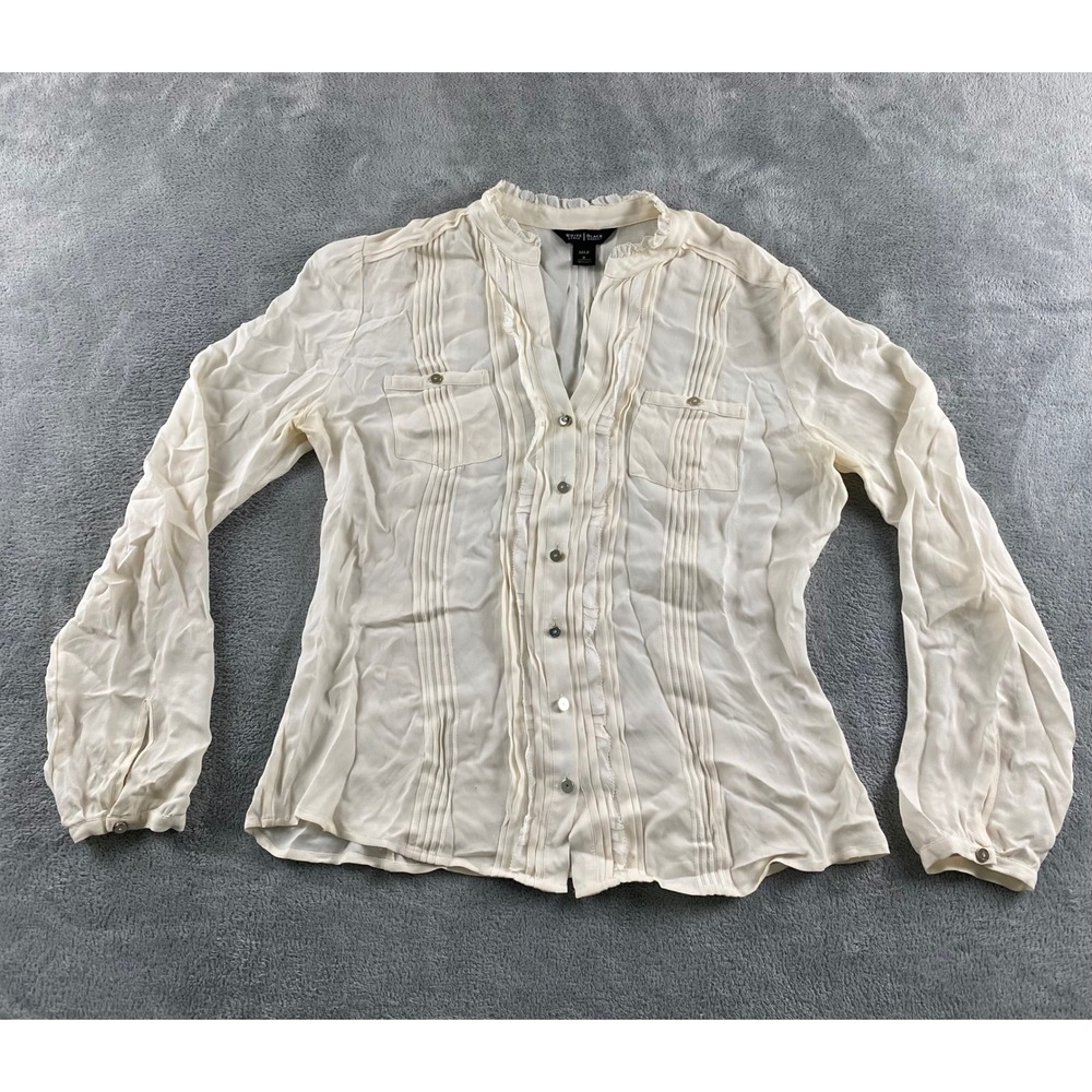 White House Black Market Silk Blouse 6 Cream Ruffle Pintuck Long Sleeve Top